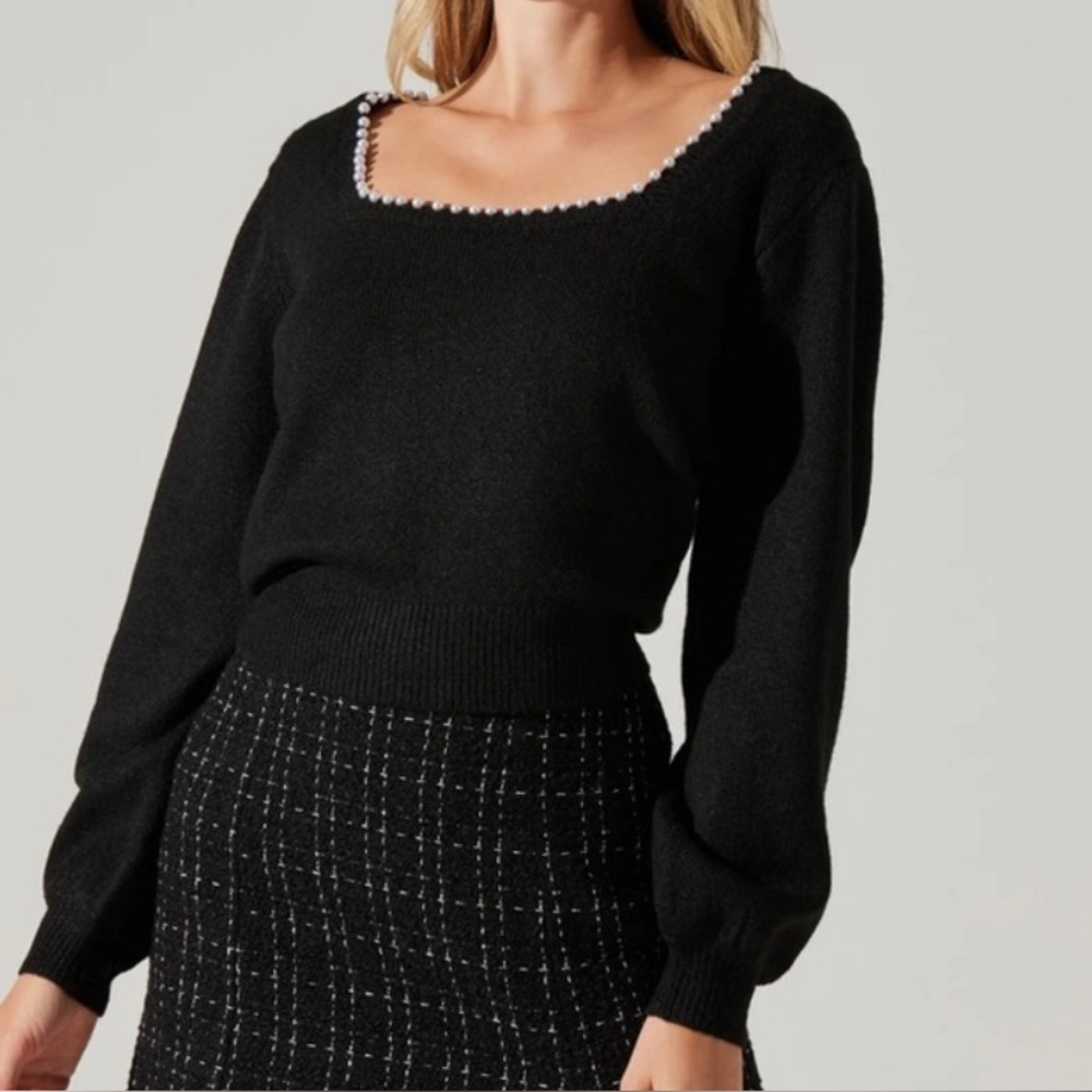 Astr Black Square Neck Sweater with Pearl Accents